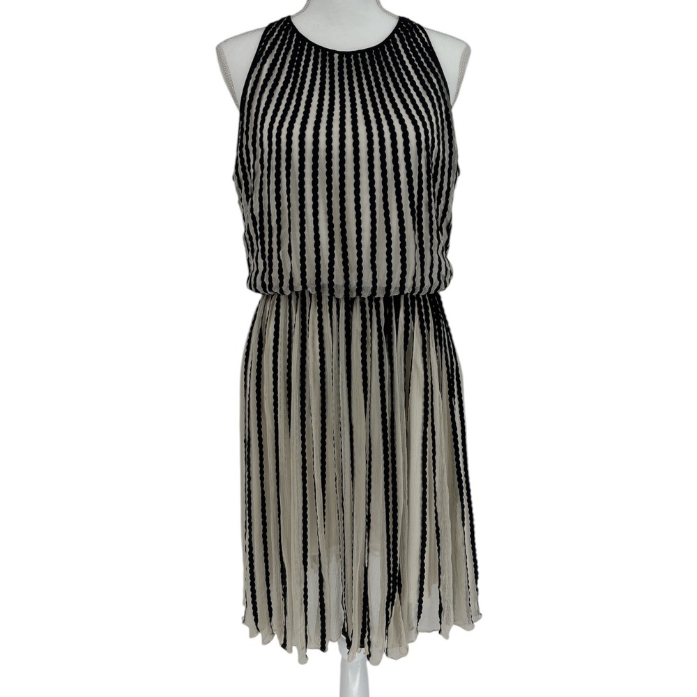 Geisha Designs Black White Striped Pleated Sleeveless Midi Dress Size 8